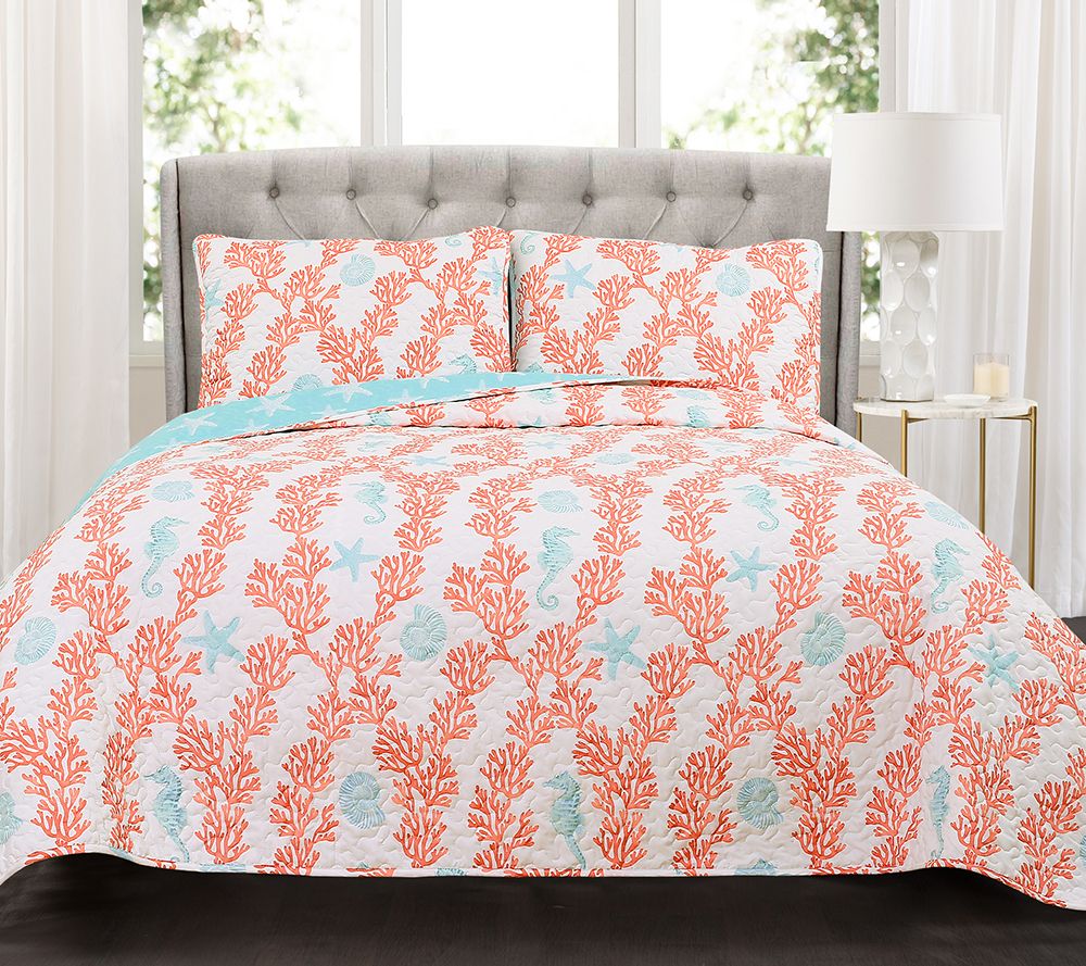 Dina Coral 3-Piece King Blue/Coral Quilt Set byLush Decor