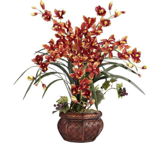 Cymbidium Decorative Vase Silk Arrangement by Nearly Natural