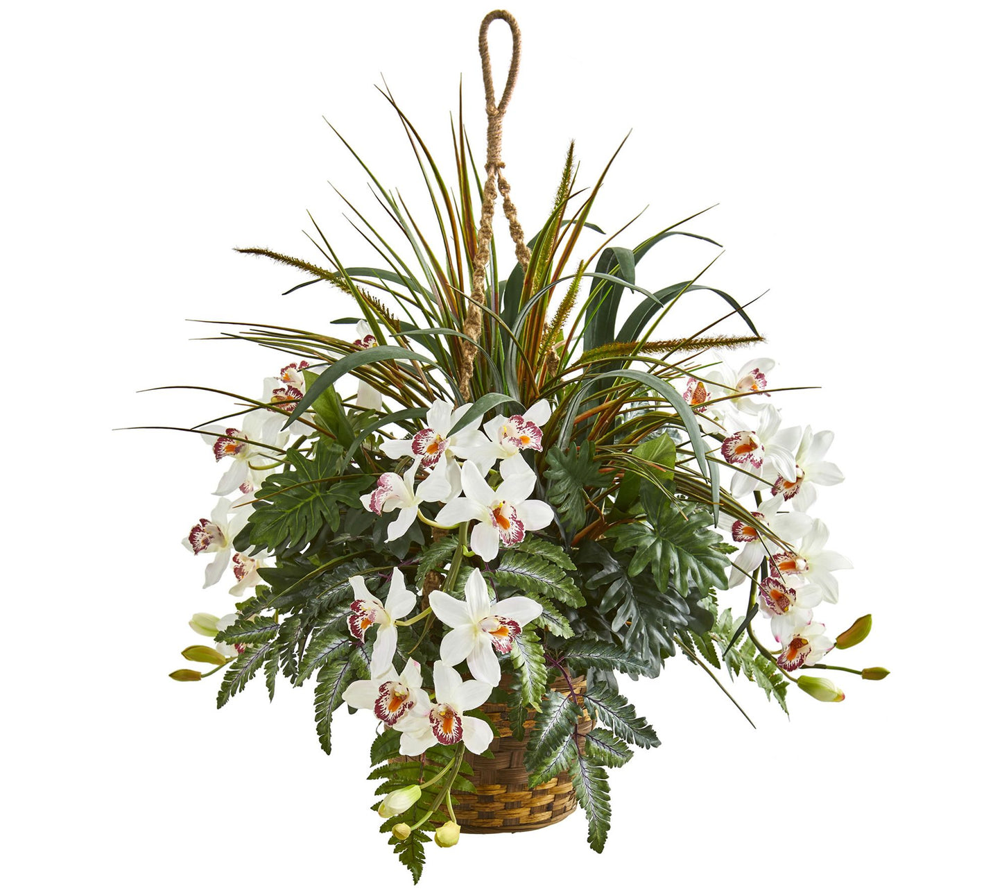Cymbidium & Mixed Greens Hanging Basket by Nearly Natural