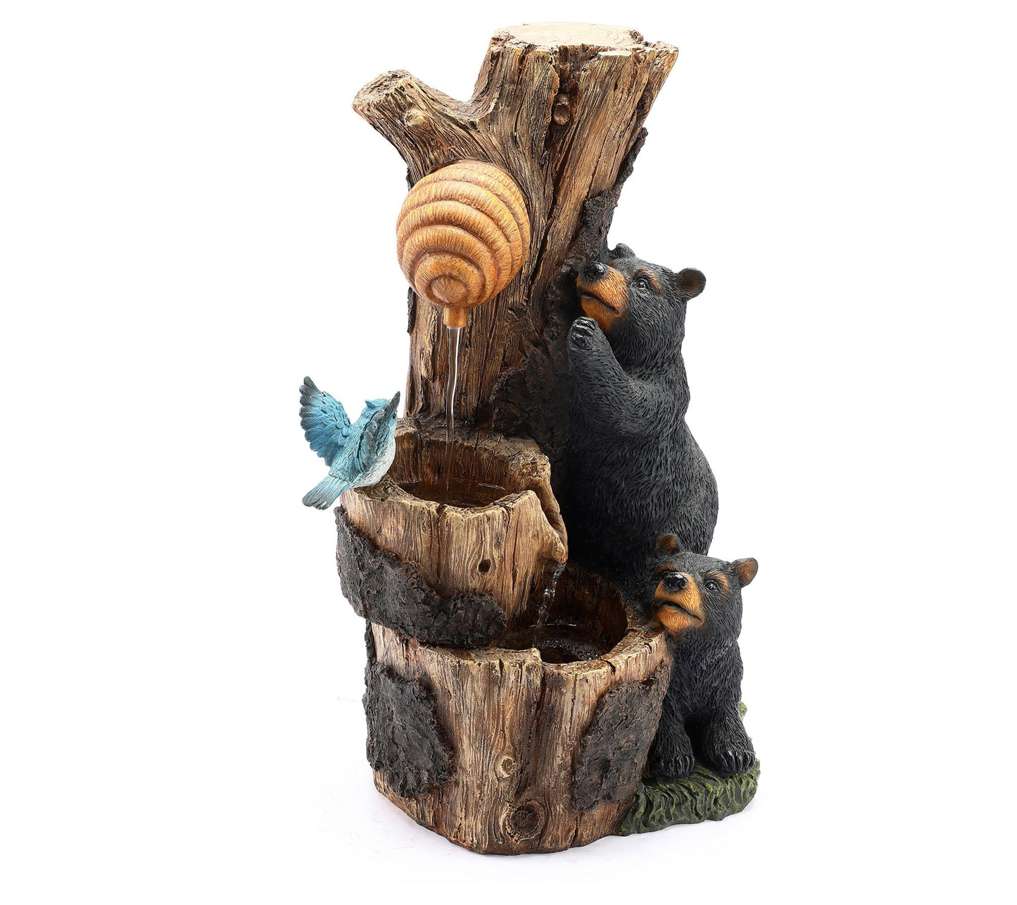LuxenHome Bear and Beehive Tree Resin Lighted Outdoor Fountain