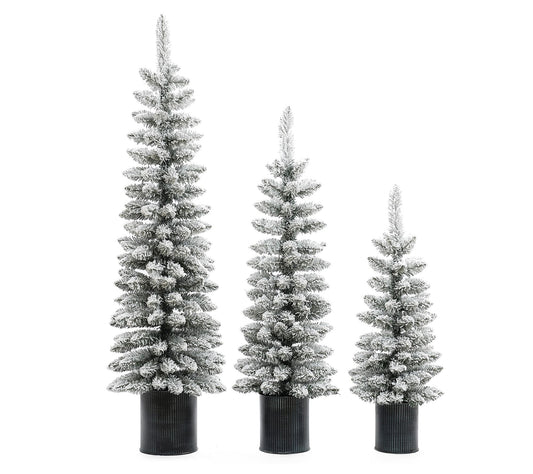 LuxenHome Set of 3 Flocked Christmas Trees with  Metal Pots