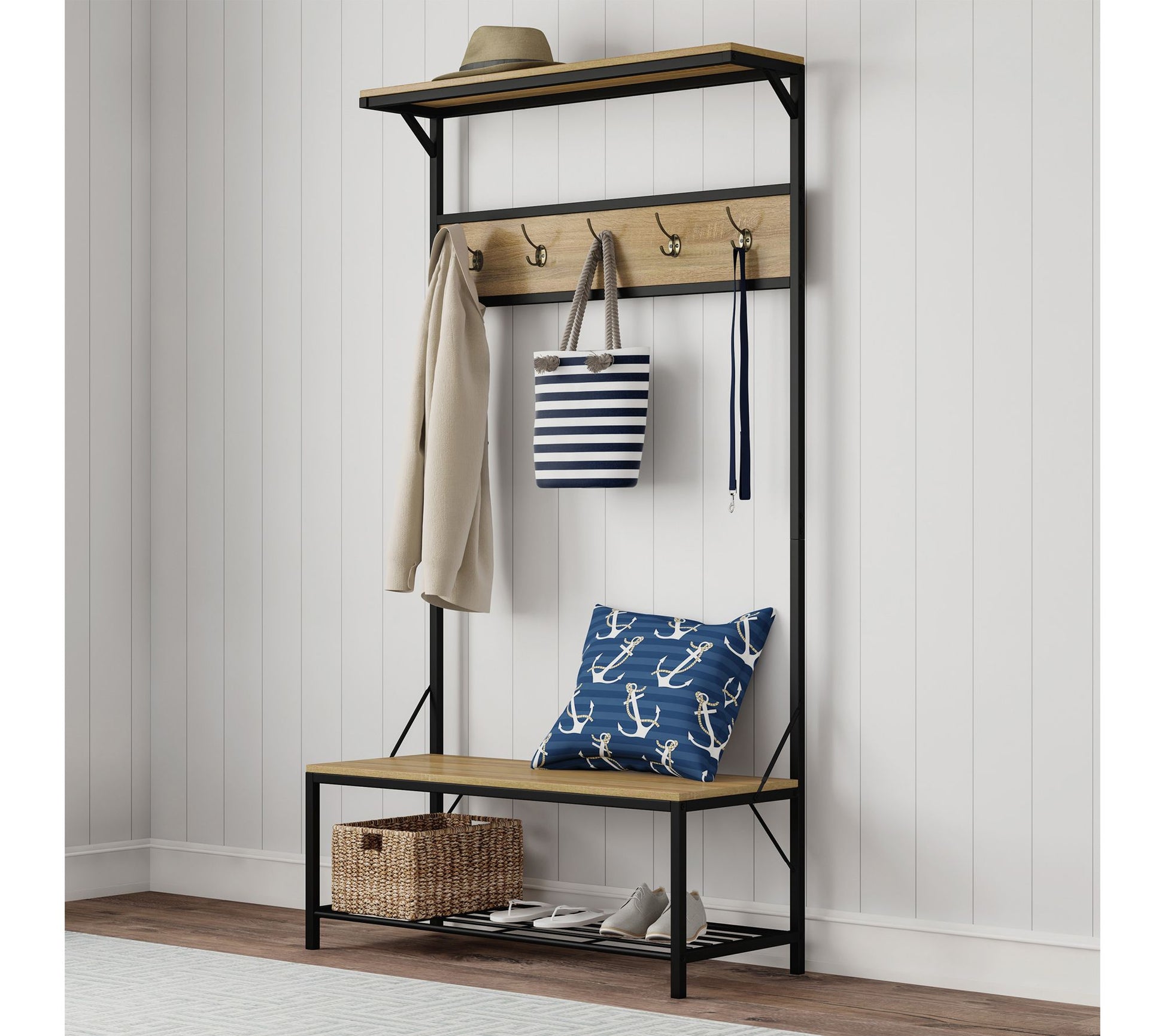 Lavish Home Bench w/Seat Iron & Wood Furniture5-Hook Rack