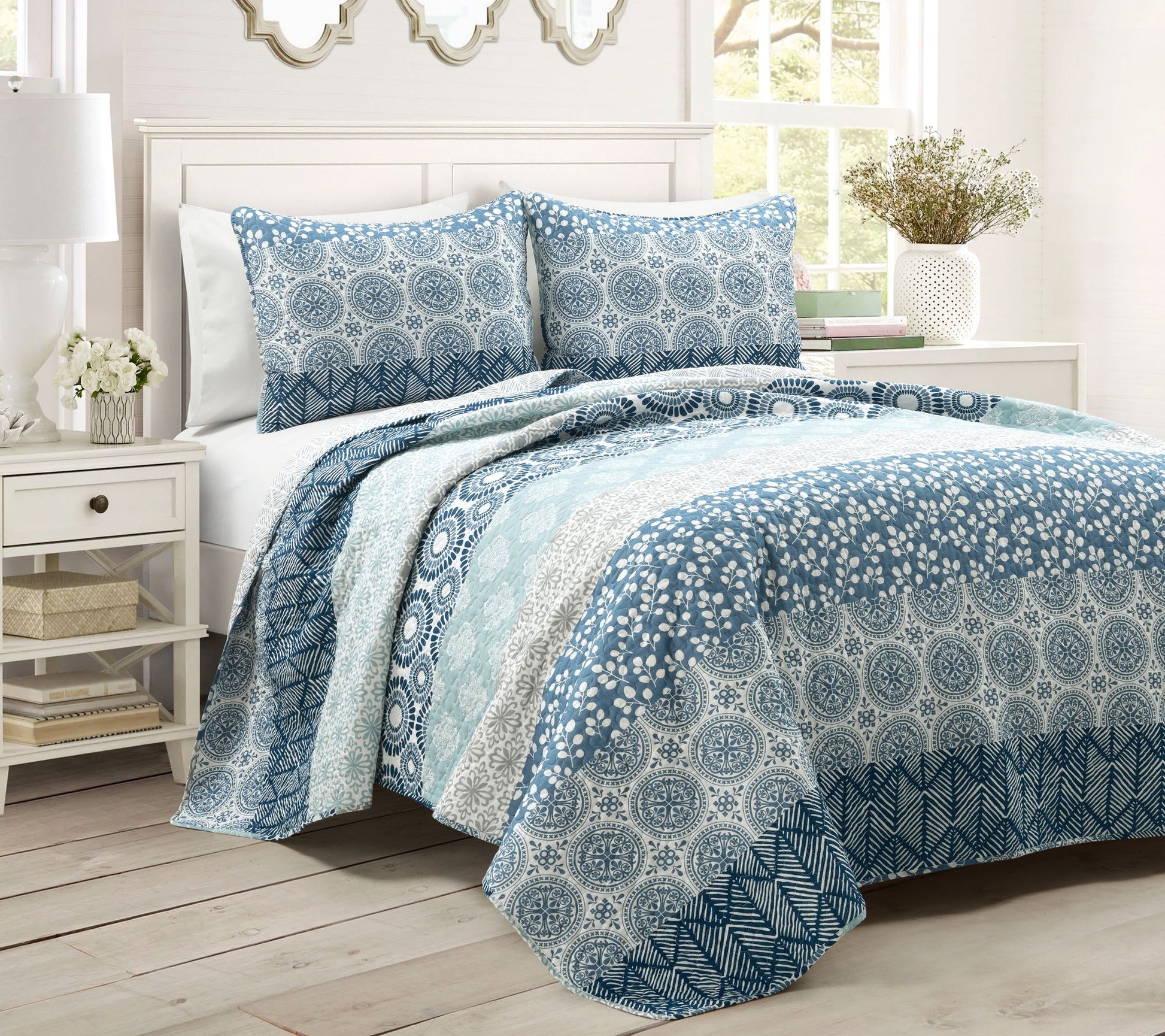 Lush Decor Bohemian Stripe Quilt Navy/Blue 3pcSet- Cal K