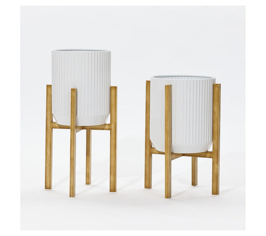 LuxenHome 2-Pc Textured Round White Metal Cachepot Planters