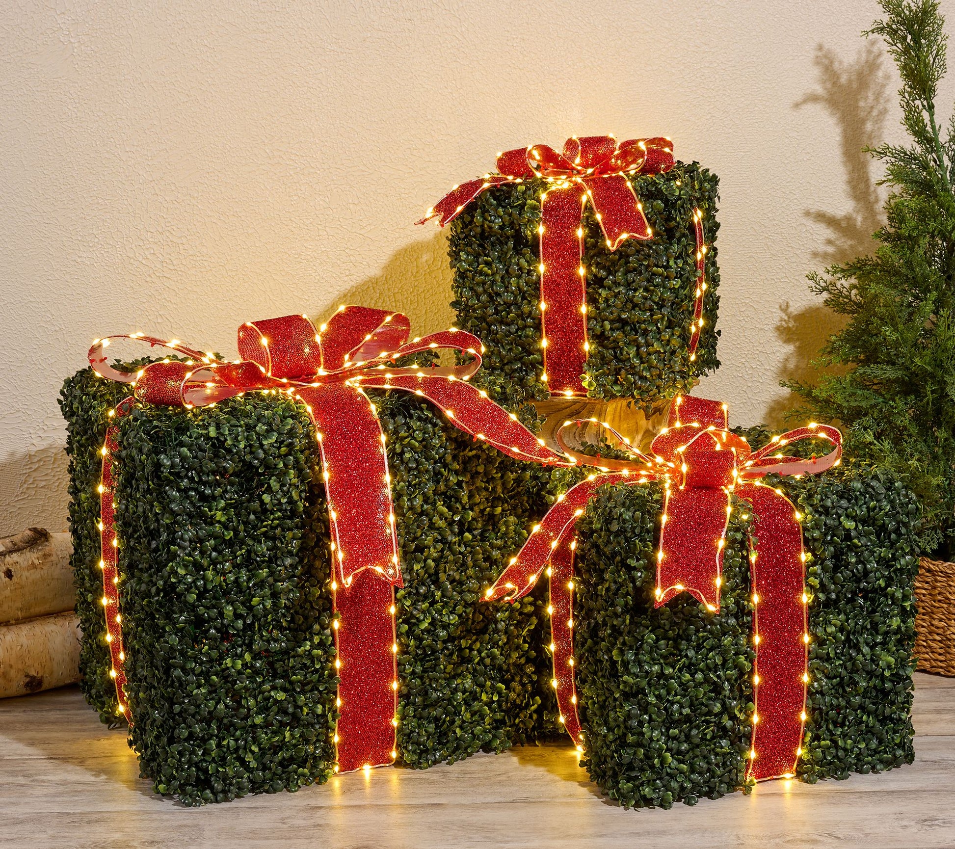 Kringle Express S/3 Oversized In/Outdoor Lit Boxwood Presents