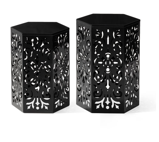 Glitzhome Set of 2 Iron Cutout Floral HexagonalGarden Stools