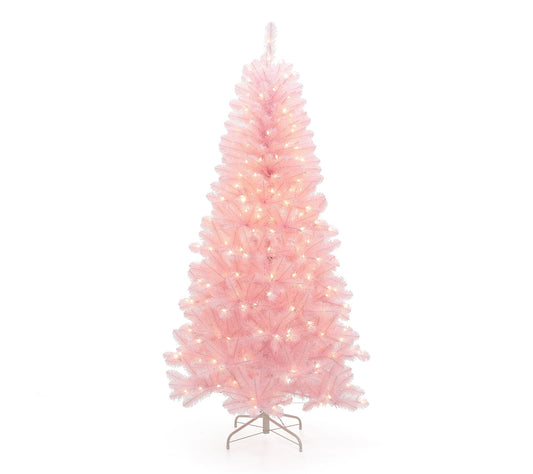 LuxenHome 6.5Ft Pre-Lit Pink Full Artificial Tree