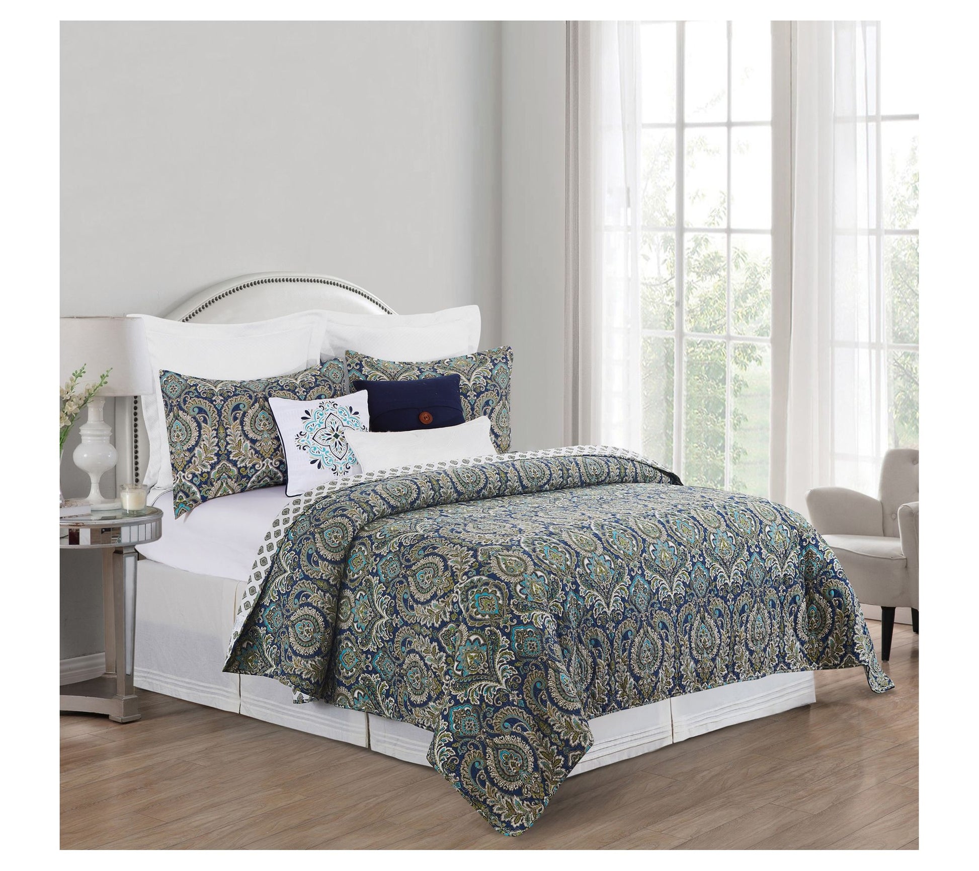 Ada Navy Blue Damask King Cotton Quilt Set by Valerie