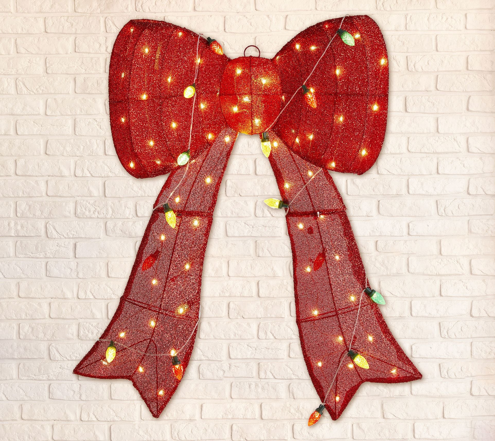 Glitzhome 35" Christmas Red Fabric Bow LightedOutdoor Decor
