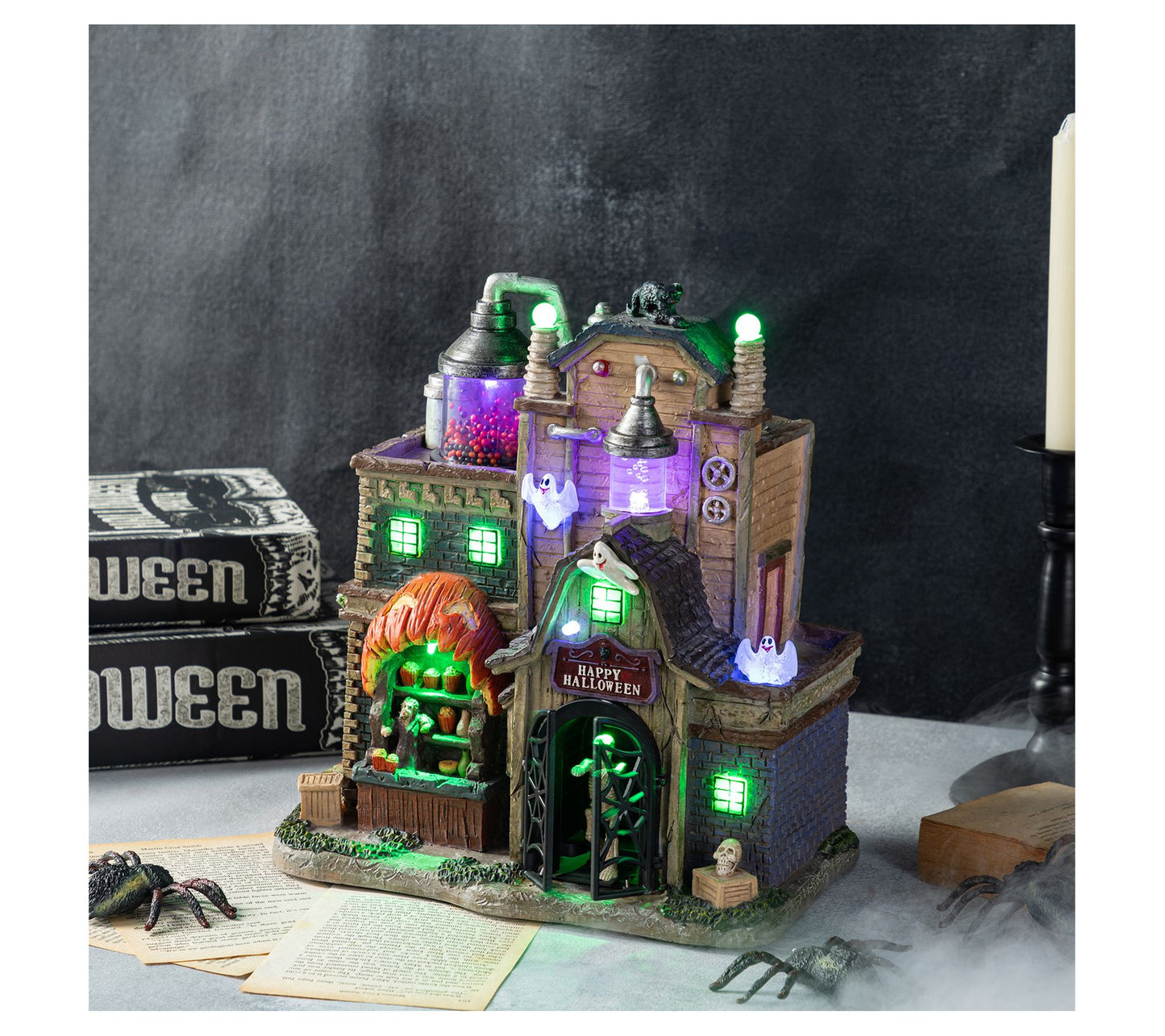 Glitzhome 11"H Lighted Resin Halloween HauntedHouse Village