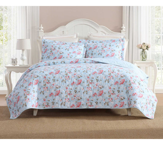 Laura Ashley Blissful Dream Blue-Pink King Quilt Set