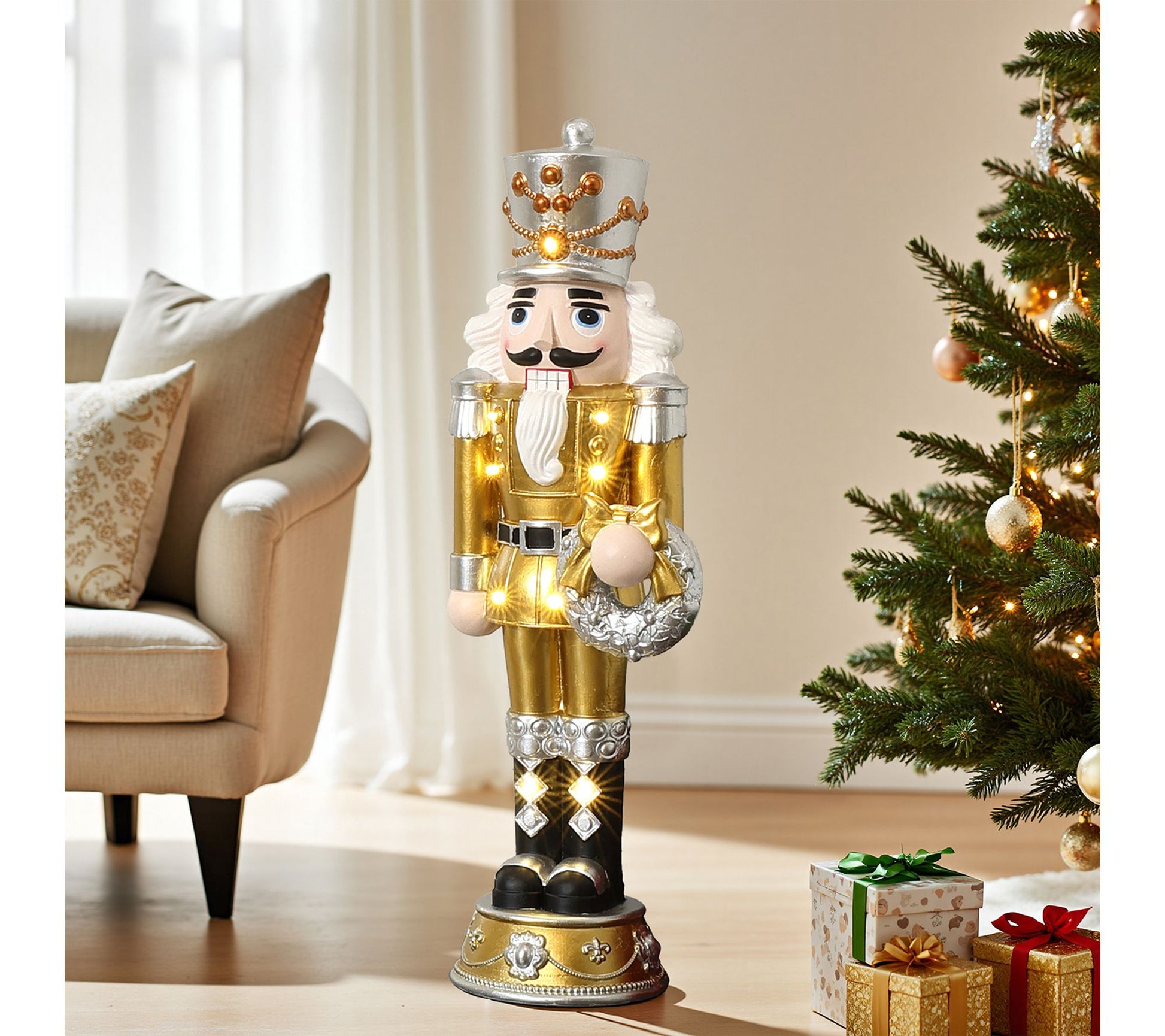 LuxenHome 3ft Lighted Gold Nutcracker with Silver Wreath