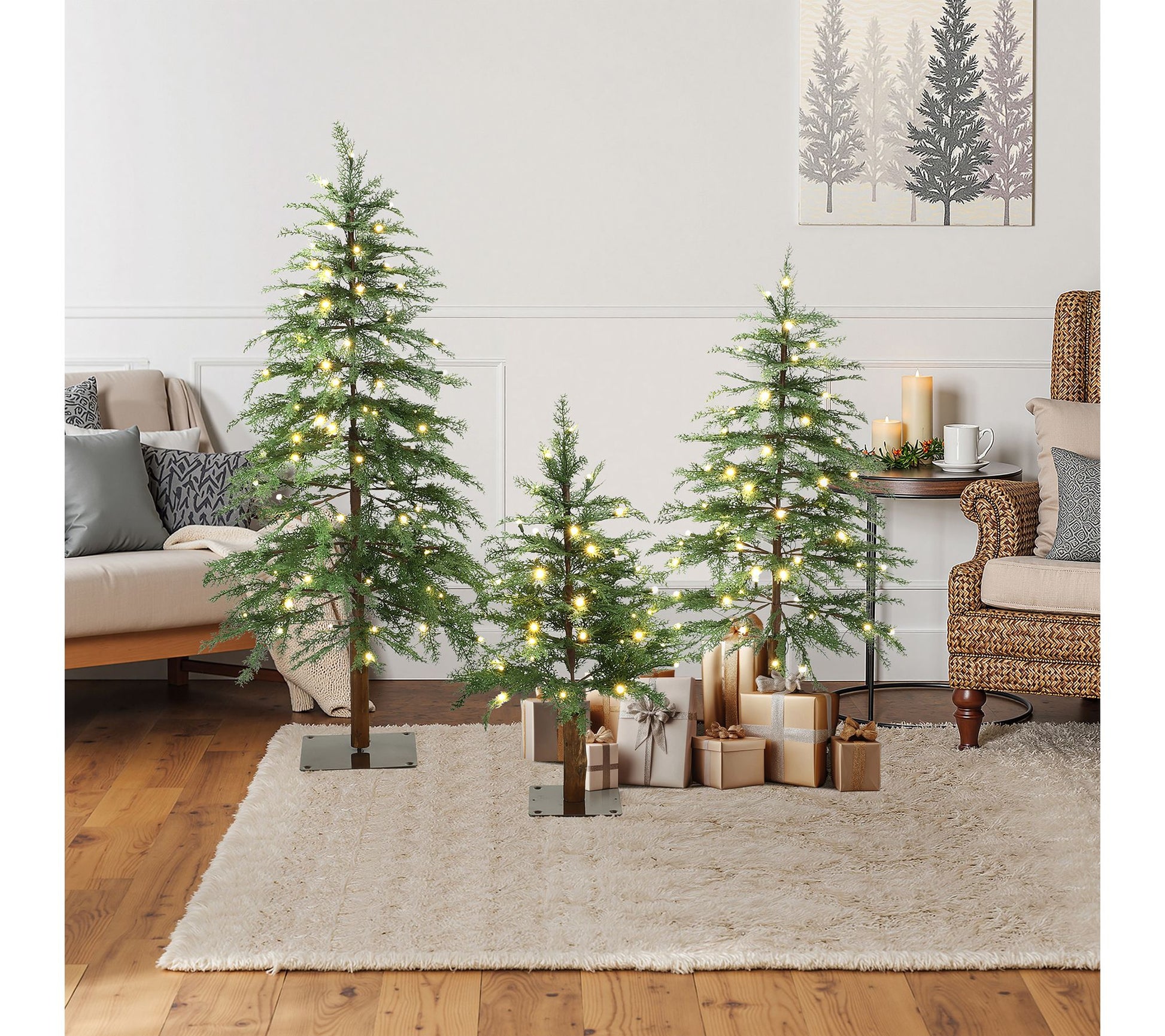 LuxenHome Lighted Artificial Trees w/ Flat Stand, Holiday Set