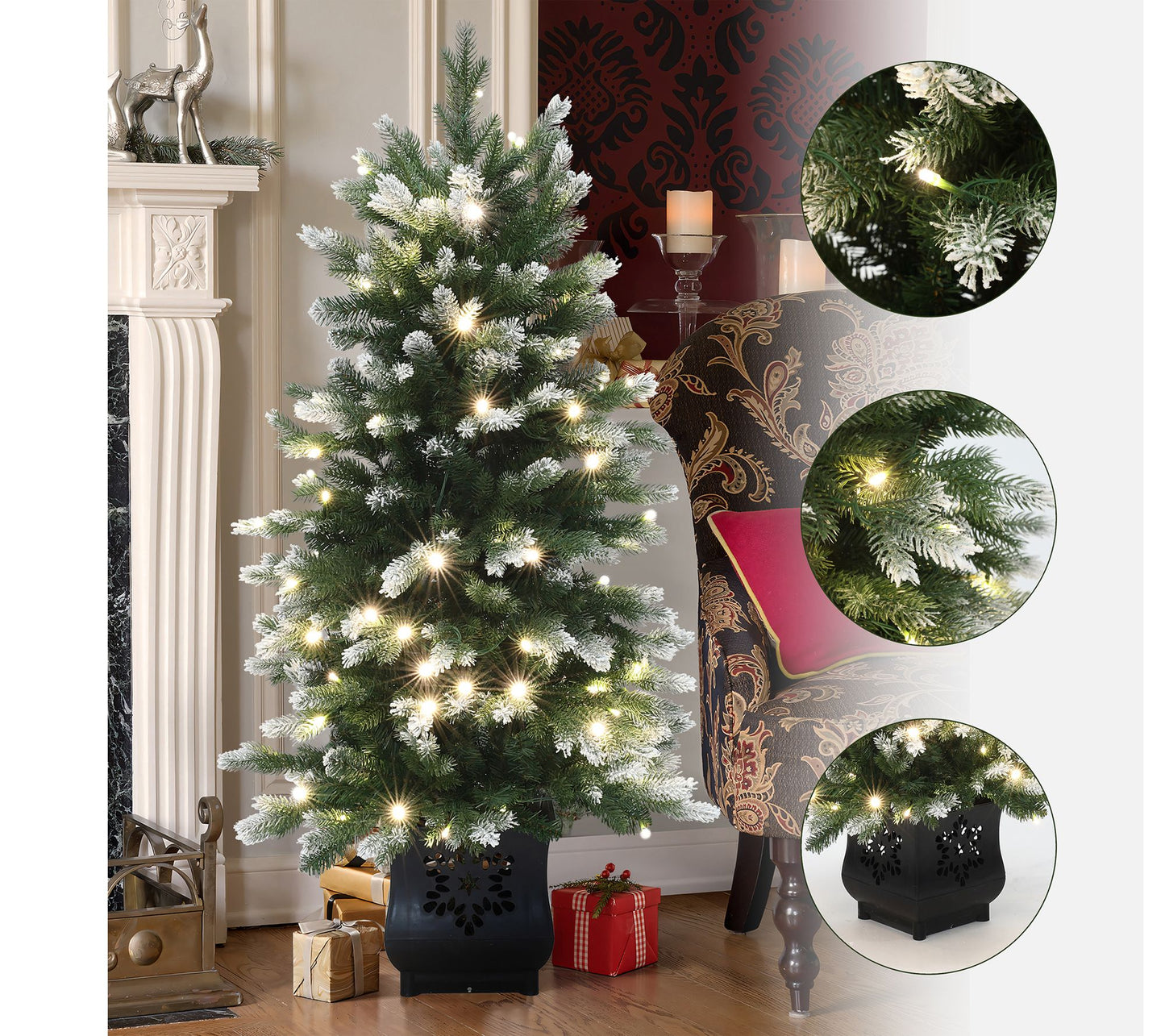 LuxenHome 4Ft Pre-Lit Green & Flocked Artificial Xmas Tree