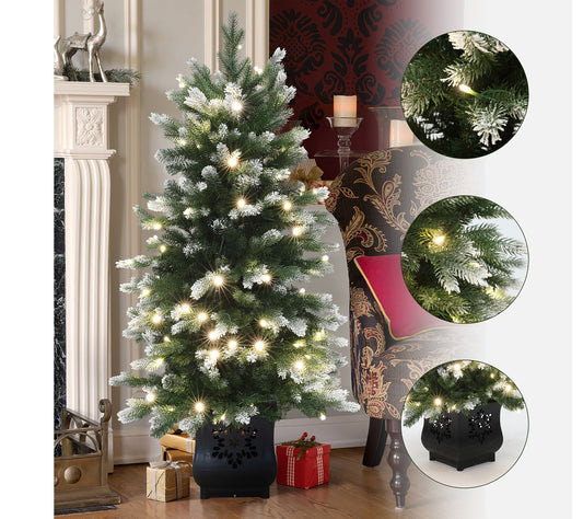 LuxenHome 4Ft Pre-Lit Green & Flocked Artificial Xmas Tree